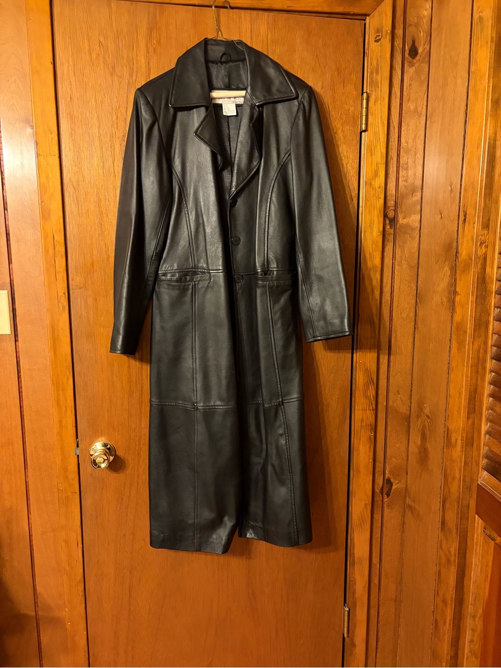 Black Long Leather Trench Coat - Women's